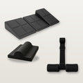The Bulletproof Knee Kit: three black rubber squat wedges, the foot trainer and the Nordic curl strap