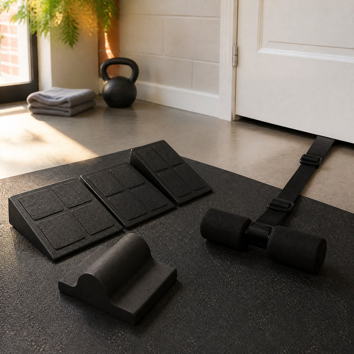 Squat wedges, foot trainer and Nordic strap anchored under a door in a home gym
