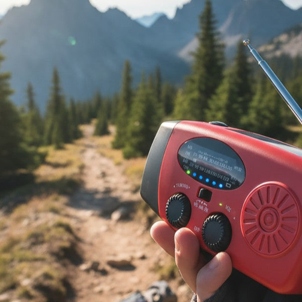 Holding the radio on a mountain trail