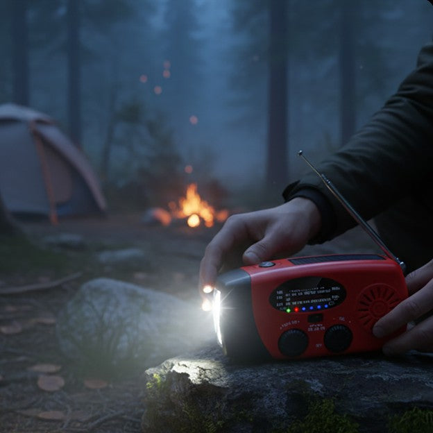 Radio torch lighting up a campsite at night