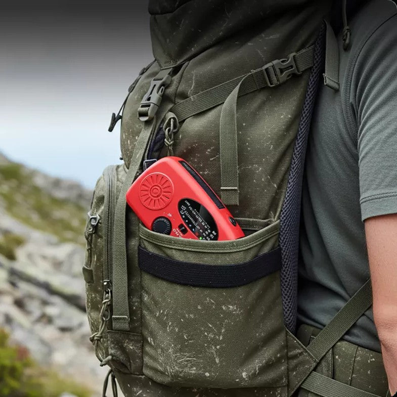Pocket-sized radio in a backpack side pocket
