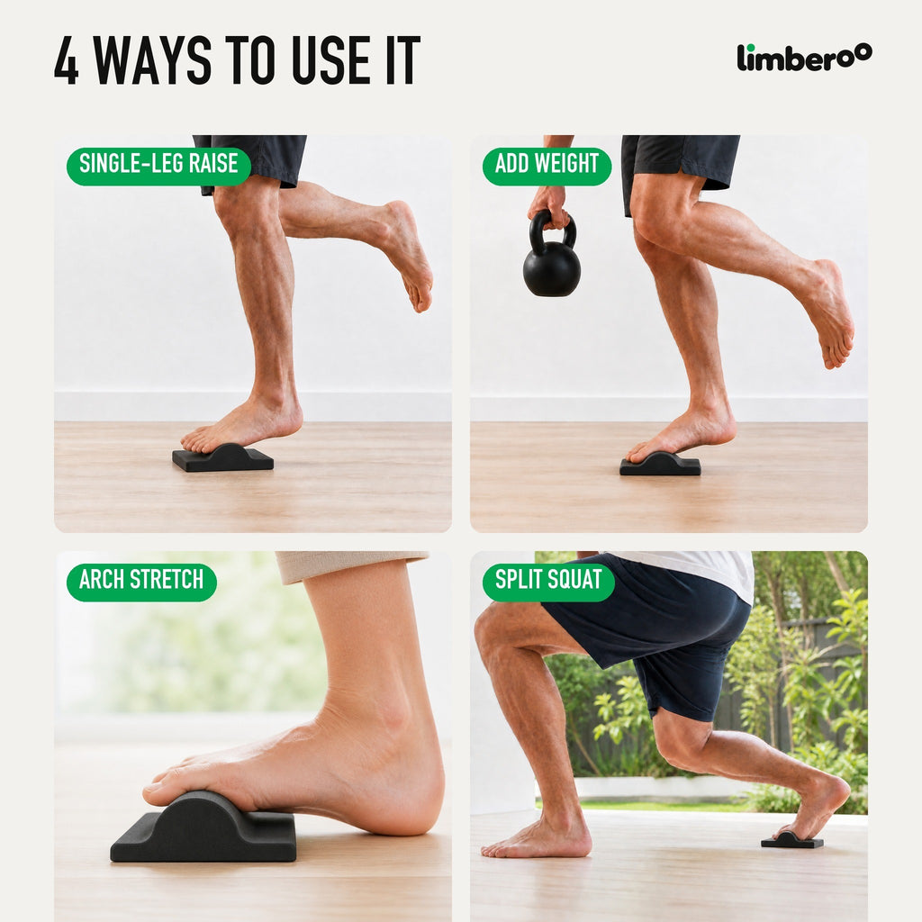 Four ways to use it: single-leg raise, add weight, arch stretch, split squat