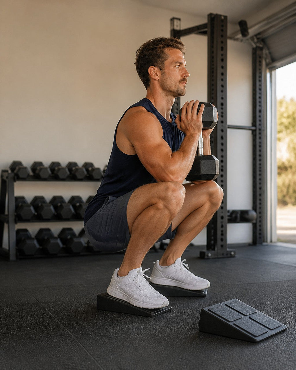 Goblet squat with heels on the squat wedges