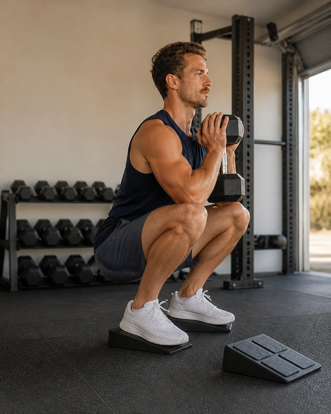 Goblet squat with heels on the squat wedges