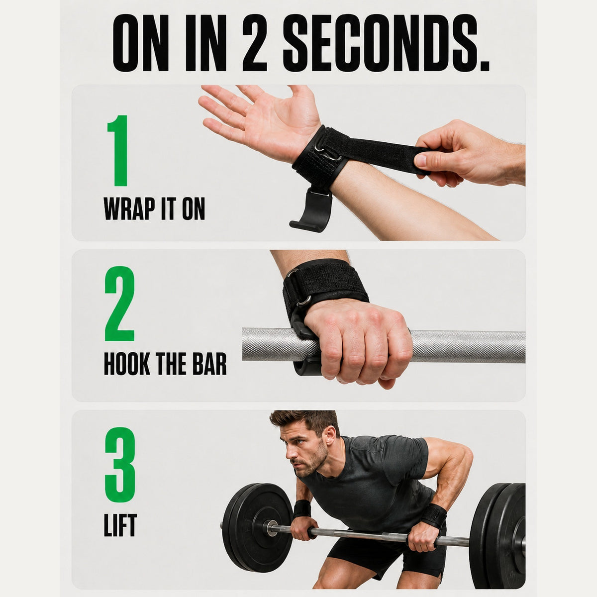On in 2 seconds: wrap it on, hook the bar, lift