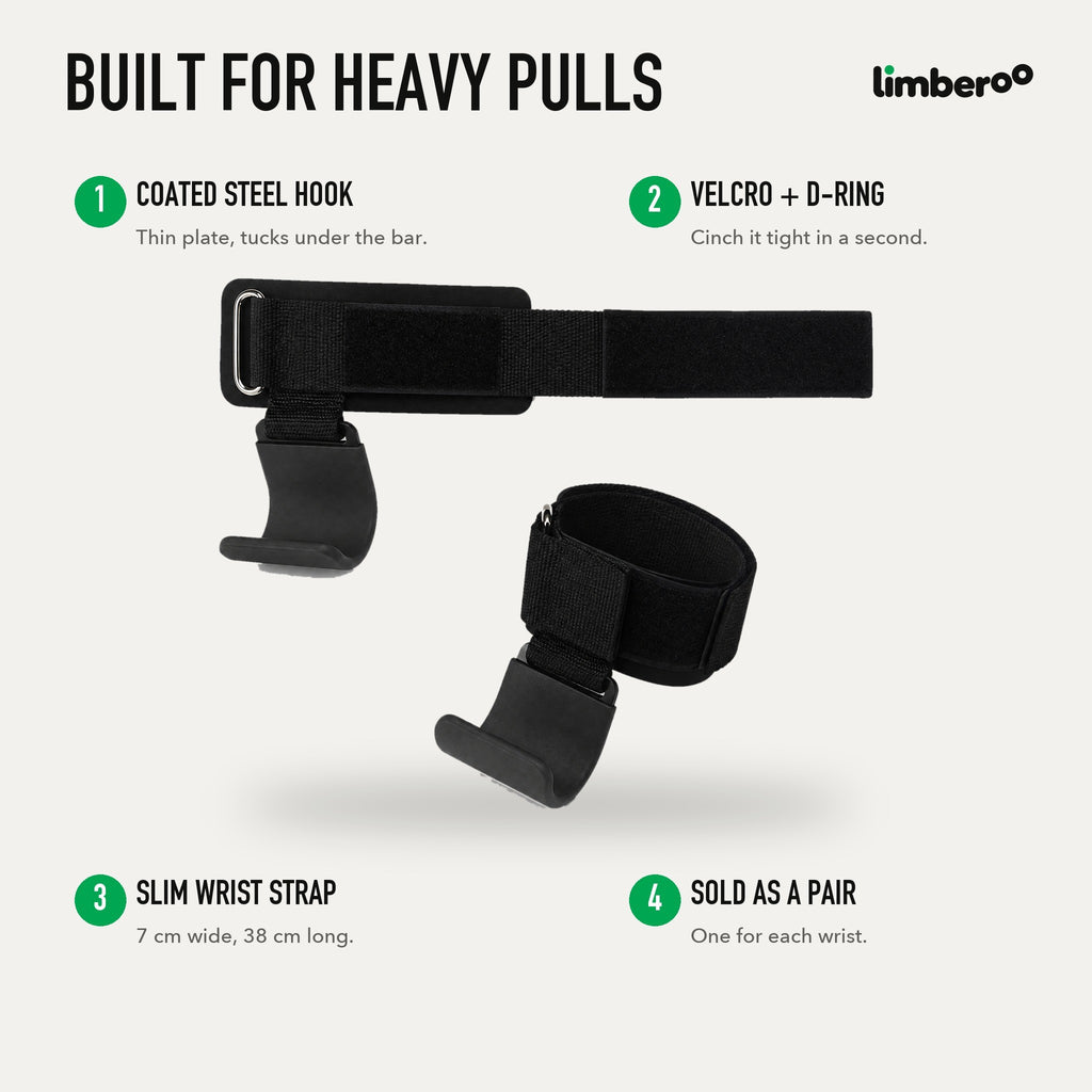 Features: coated steel hook, velcro and D-ring, slim wrist strap, sold as a pair