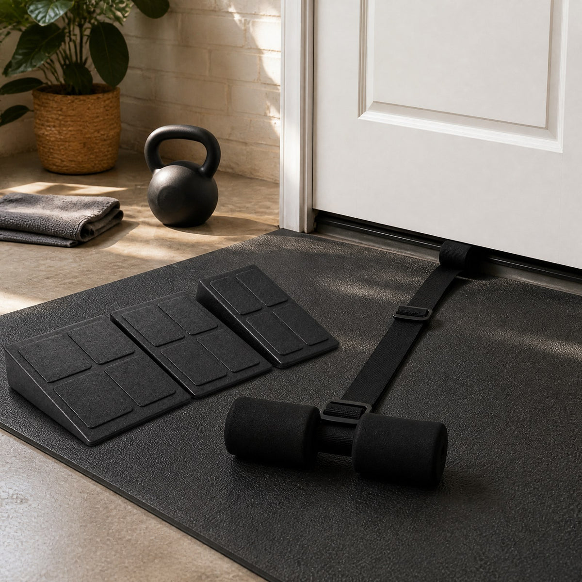 Squat wedges on a gym mat next to the Nordic strap anchored under a door in a home gym