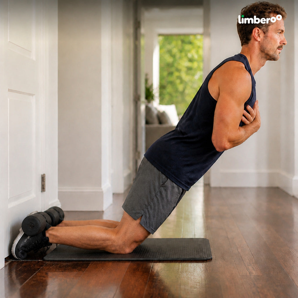 Nordic curl at home with the strap under a closed door