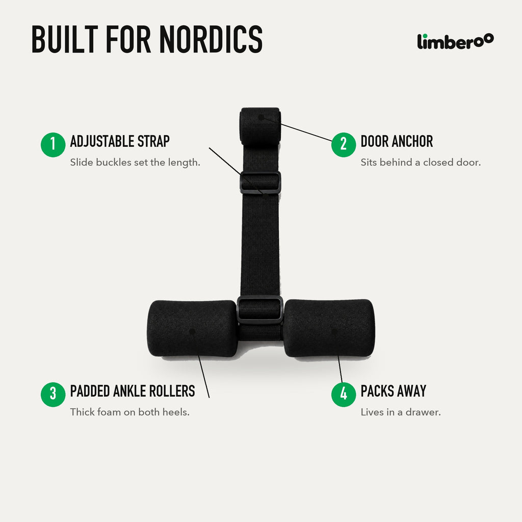 Features: adjustable strap, door anchor, padded ankle rollers, packs away
