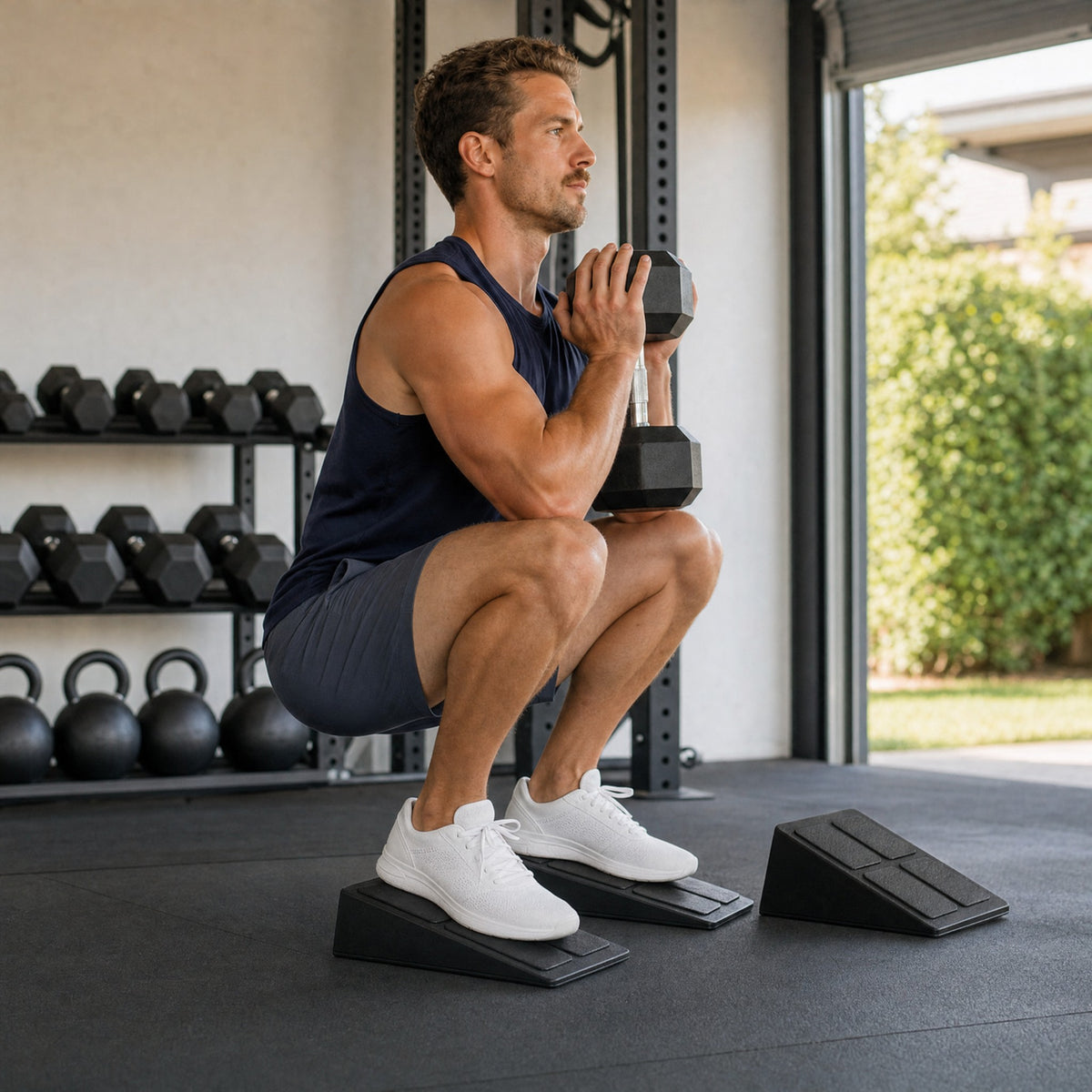 Goblet squat with heels on the wedges in a garage gym